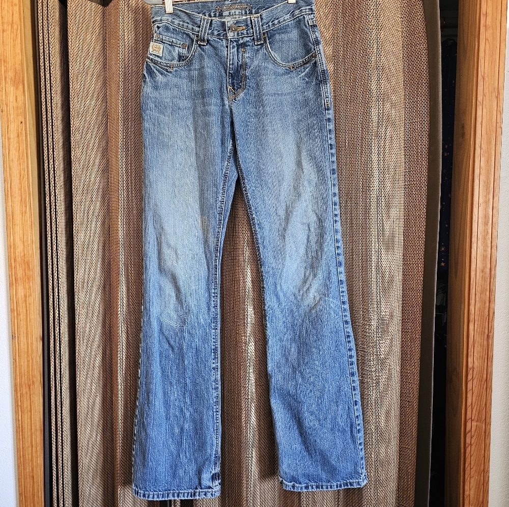 Men's Cinch Carter Jeans,  Frayed @Heel, Faded, Tan Gold Stitching, 29x38.